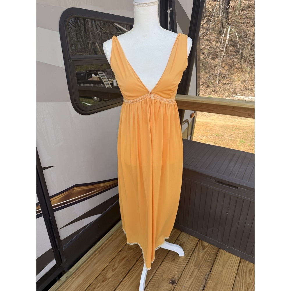 Vintage Eve Stillman Maxi Slip Night Gown Size Small Orange Peek A Boo Nylon